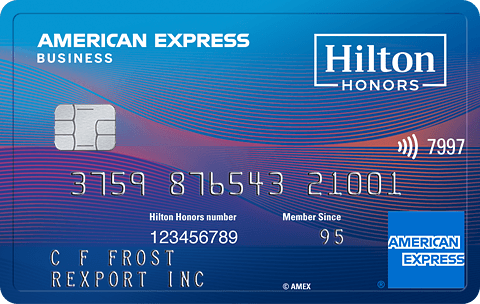 a credit card with a blue and red design