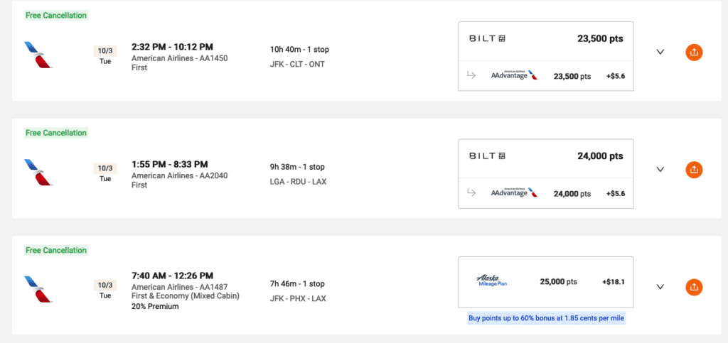 a screenshot of a flight schedule