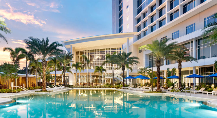 a pool in front of a building