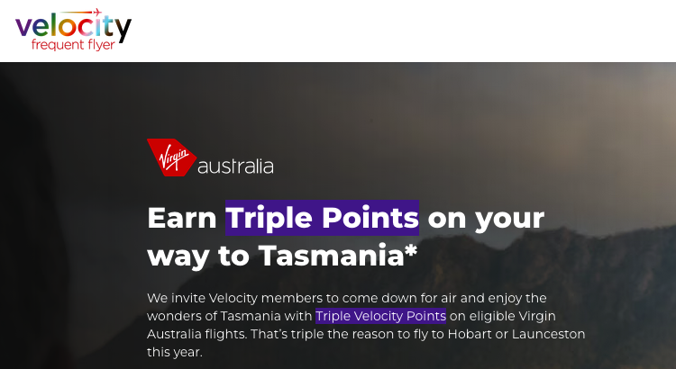 Virgin Australia Velocity 3x points Tasmania